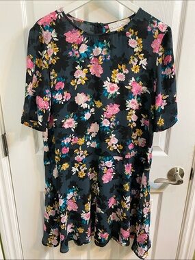 CHARLES HENRY Floral Drop Waist Midi Dress Pink Black Short Sleeve Size XL